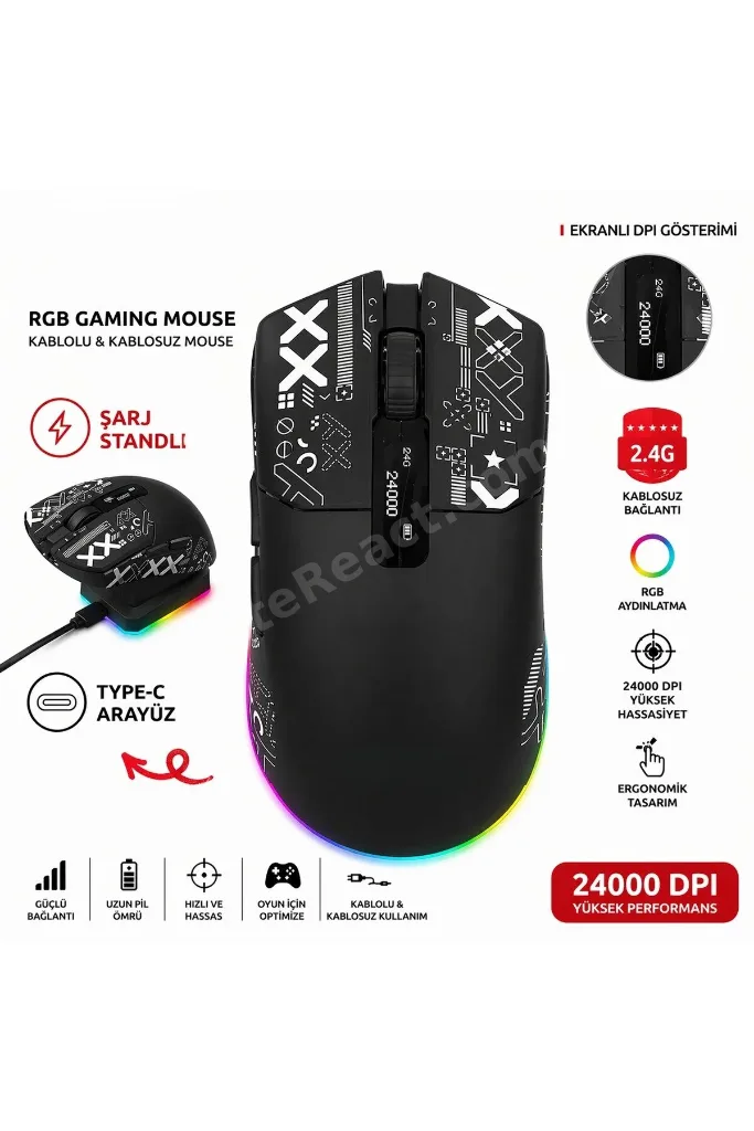 Kablosuz Gaming Mouse Bluetooth 2.4G Kablolu 3 Mod Bağlantılı 24000 DPI RGB Şarj İstasyonlu Oyuncu Mouse