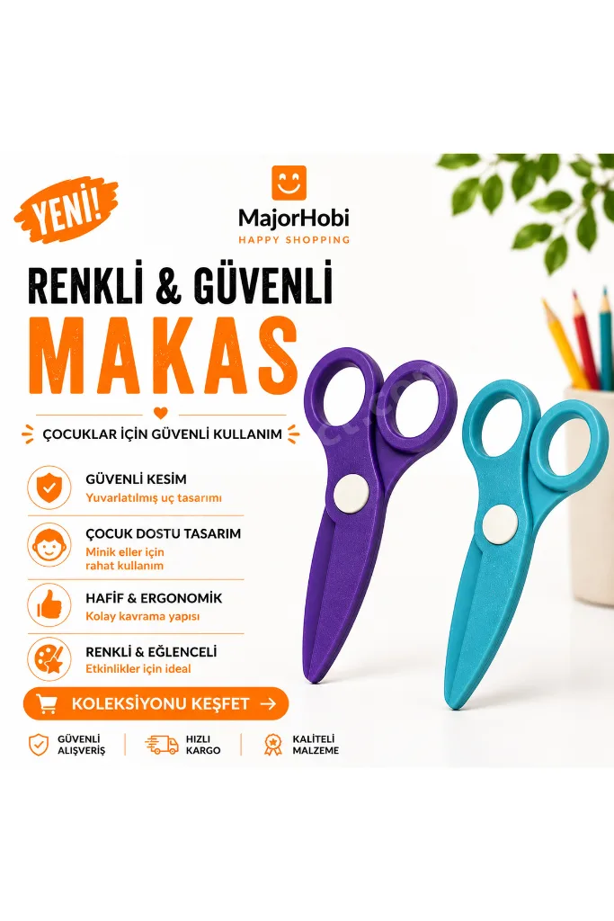 Çocuk Kağıt Makası 2’li Set – Güvenli Uçlu Renkli Makas - Mavi & Mor