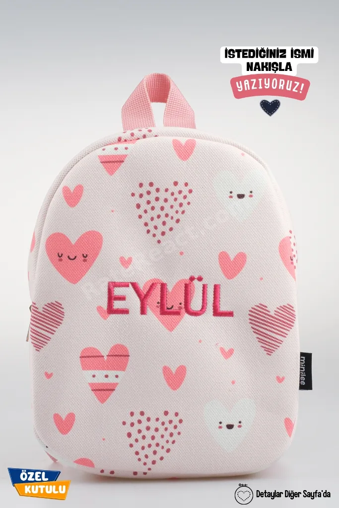 Mini Aşk Kalpleri – Pembe Kalpli Anaokulu Kreş Çocuk Çantası Kişiye Özel Nakışlı