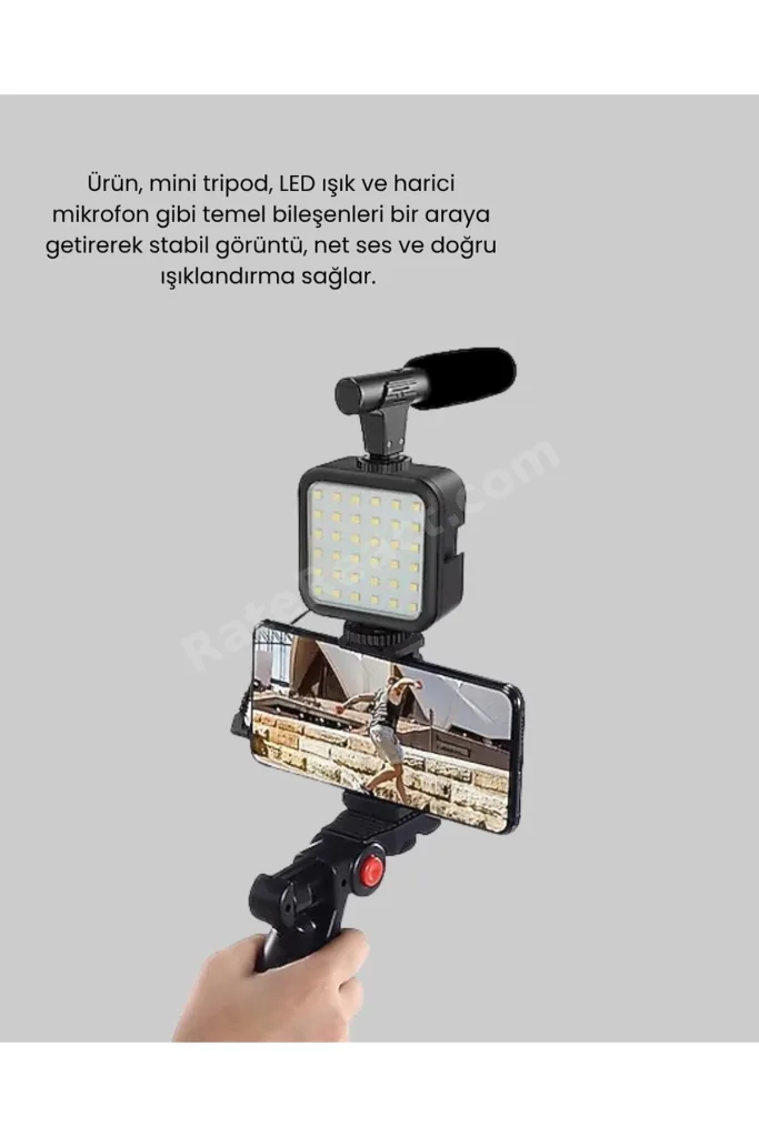 Profesyonel Vlog Çekim Kiti LED Işıklı Tripod Mikrofonlu Telefon Seti