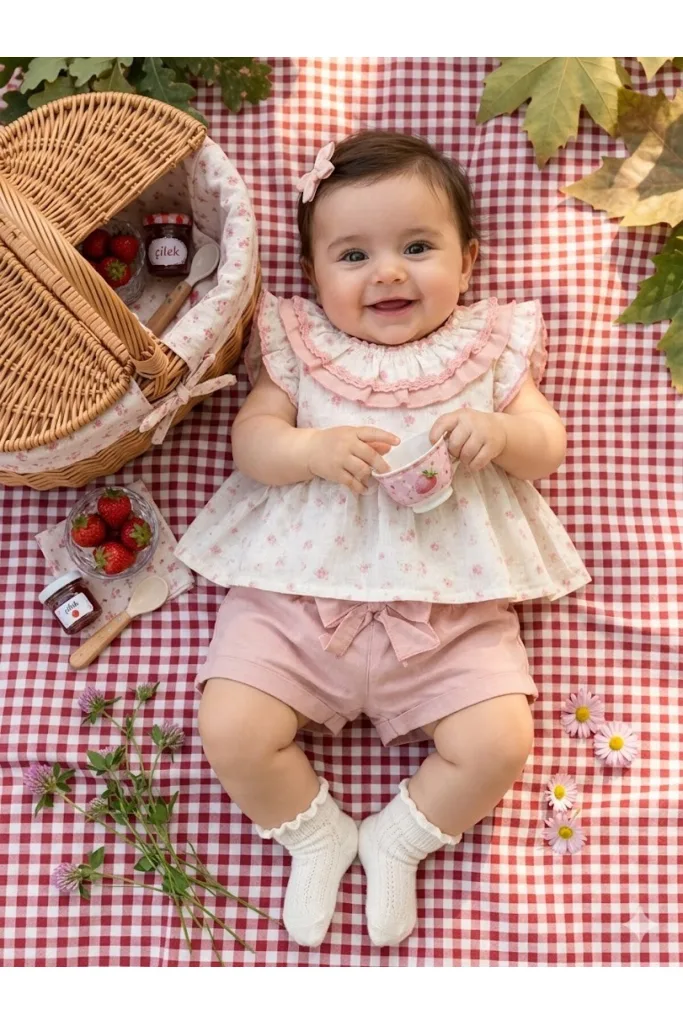 Kız Bebek Minik Çiçek Detaylı 2'li Şort Takım