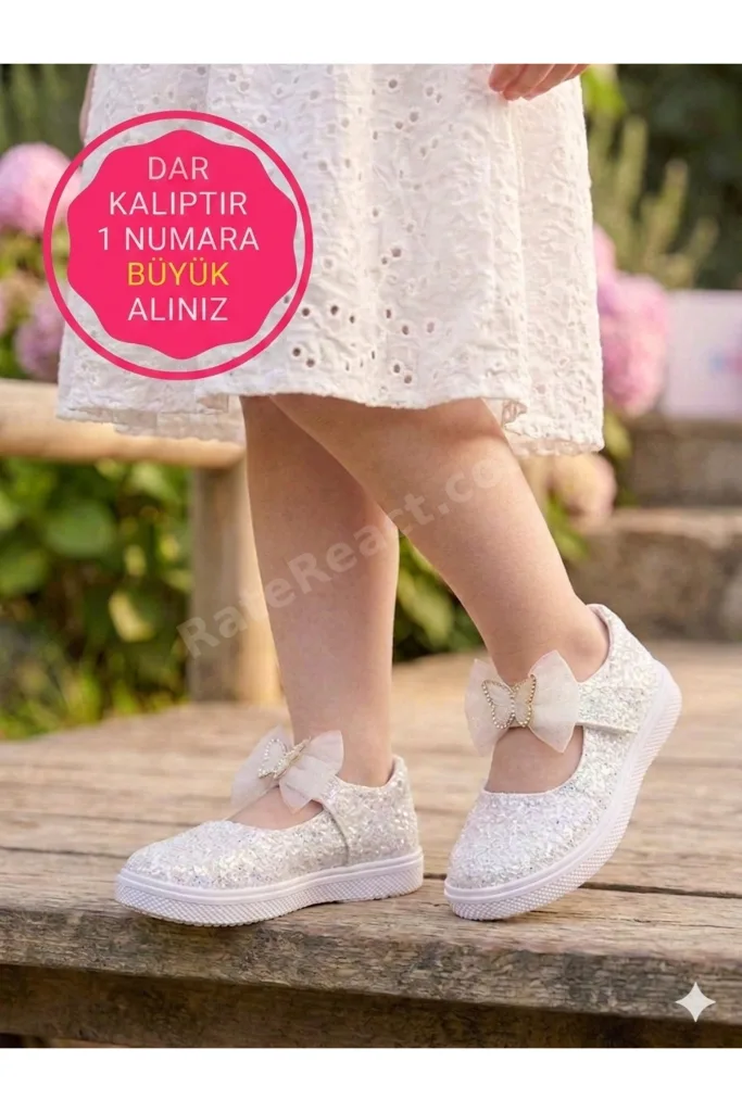 KIZ ÇOCUK BEYAZ RENKLİ FİYONKLU IŞILTILI SİMLİ ŞIK BABET