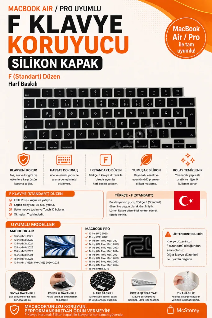 F Klavye MacBook Air Pro M5 M4 M3 M2 M1, Klavye Koruyucu F Standart Düzen Harf Baskılı Silikon Kılıf