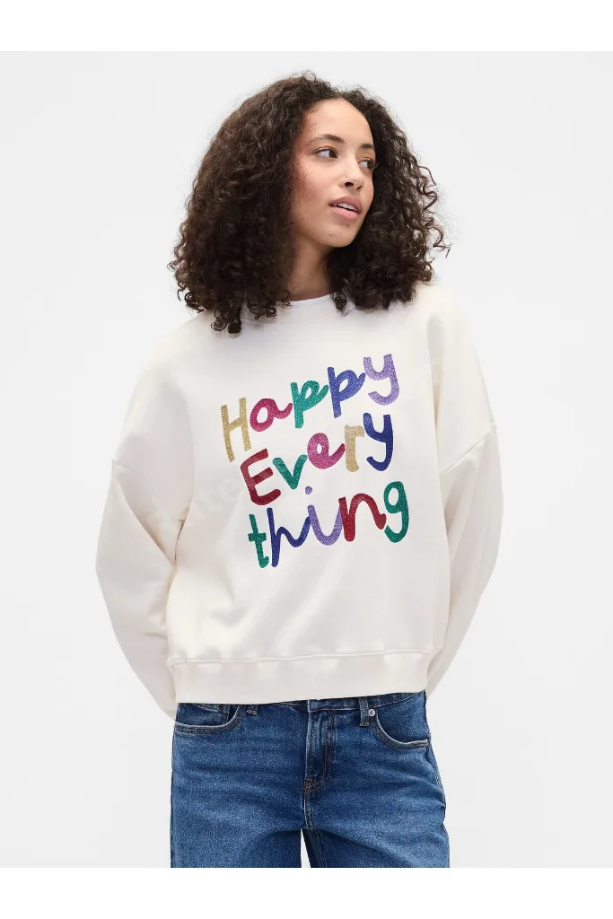Kadın Kırık Beyaz Oversized Grafik Baskılı Sweatshirt