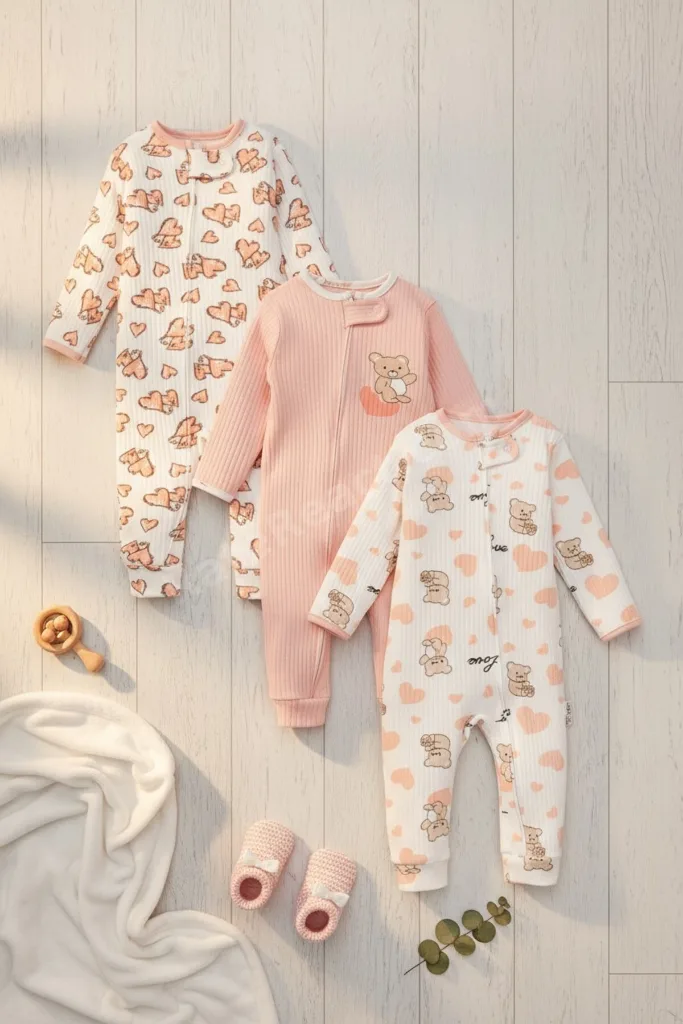 Kız Bebek Uyku Tulumu 3’lü Set 9-12-18 Ay Fermuarlı Pamuk Ribana Ayıcık Desenli