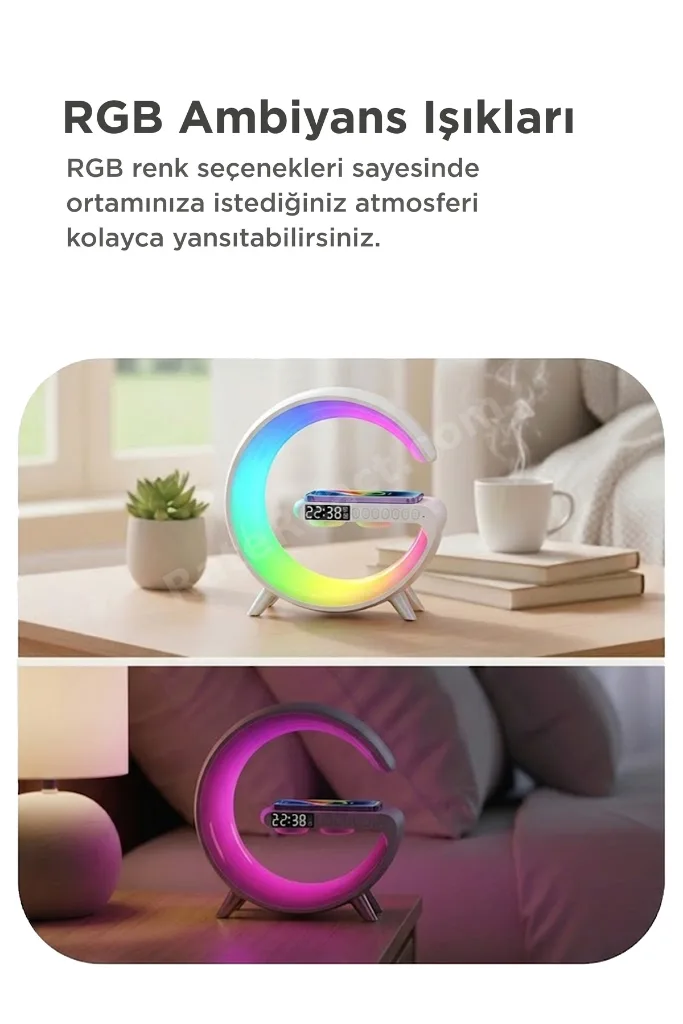 Bluetooth Hoparlör Kablosuz Şarjlı Saat Masa Lambası 3in1 G1 Beyaz