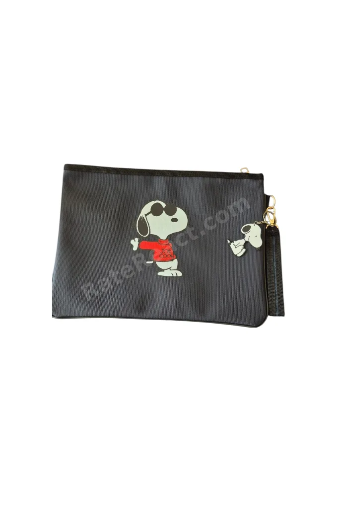 Lacivert Suni Deri Snoopy Desenli Portgöy Clutch Tablet Kılıfı Çanta