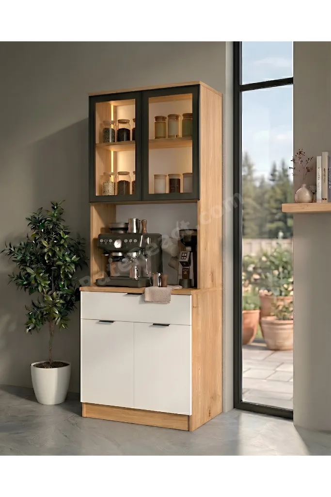 Dream Premium Minimal Kahve İstasyonu - Safir Meşe Temperli Camlı LED Modül