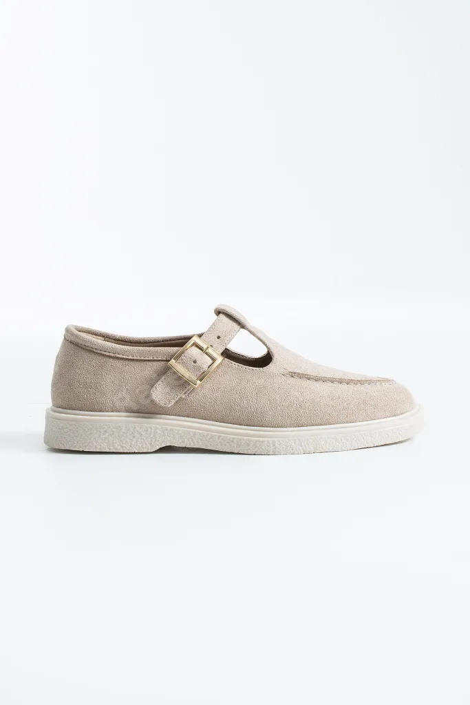 Kadın Bej Süet Loafer Ayakkabı Elite Comfort Makosen Rahat Günlük Ofis Casual Saraç Detay Tokalı