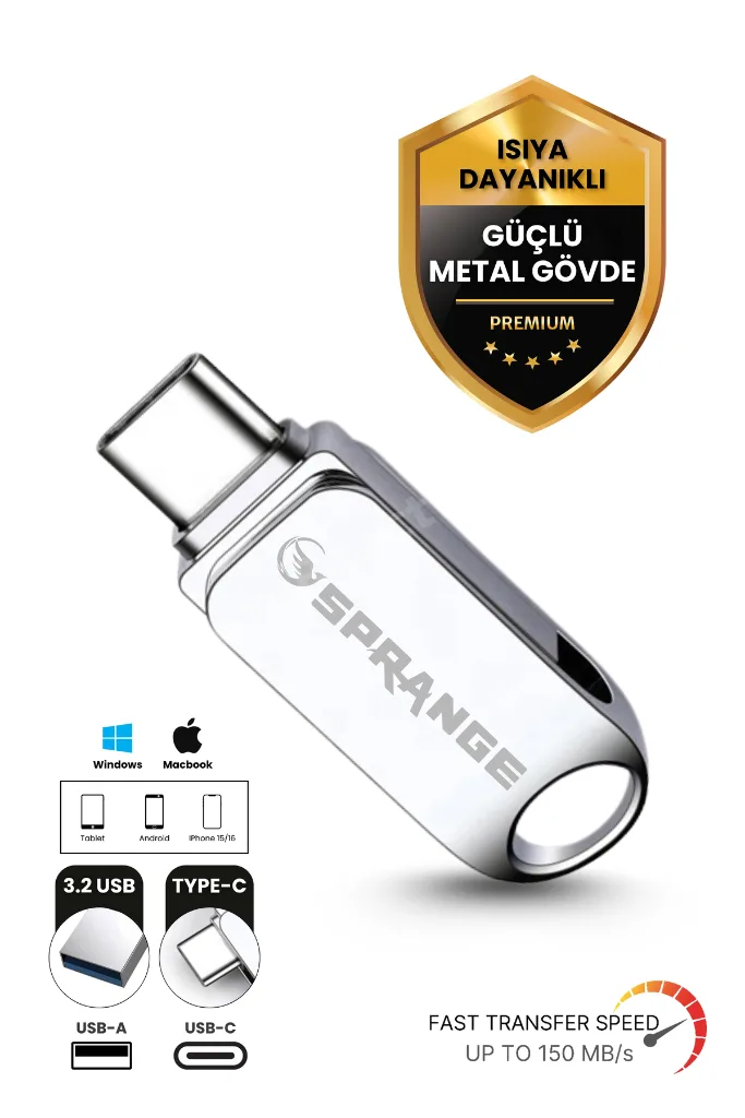 Sprange 64 Gb Flash Bellek Usb 3.2 Ultra Typec Otg Android/Pc/İphone 15/16/17 IPAD Tak Çalıştır