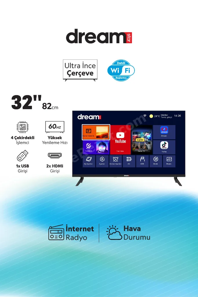 32DSE100 - 32" 82 Ekran Uydu Alıcılı Smart Wifi HD Led TV