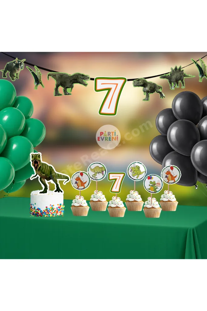 Dinozor Doğum Günü Seti | Yaş Seçenekli Afiş, Pasta Süsü Seti, Balon