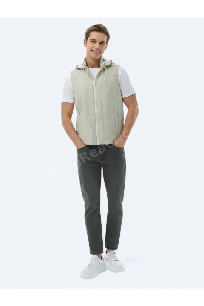 Açık Haki Regular Fit Kapüşonlu Casual Dokuma Spor Yelek