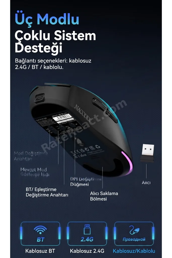 NJ08 MC Kablosuz 3 Modlu RGB Oyuncu Mouse 24.000 DPI Paw 3311 Sensör