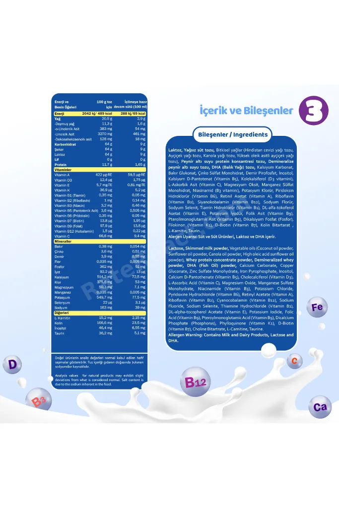 3 Numara Teneke Devam Sütü 9-12 Ay 400 gr x 8 Adet