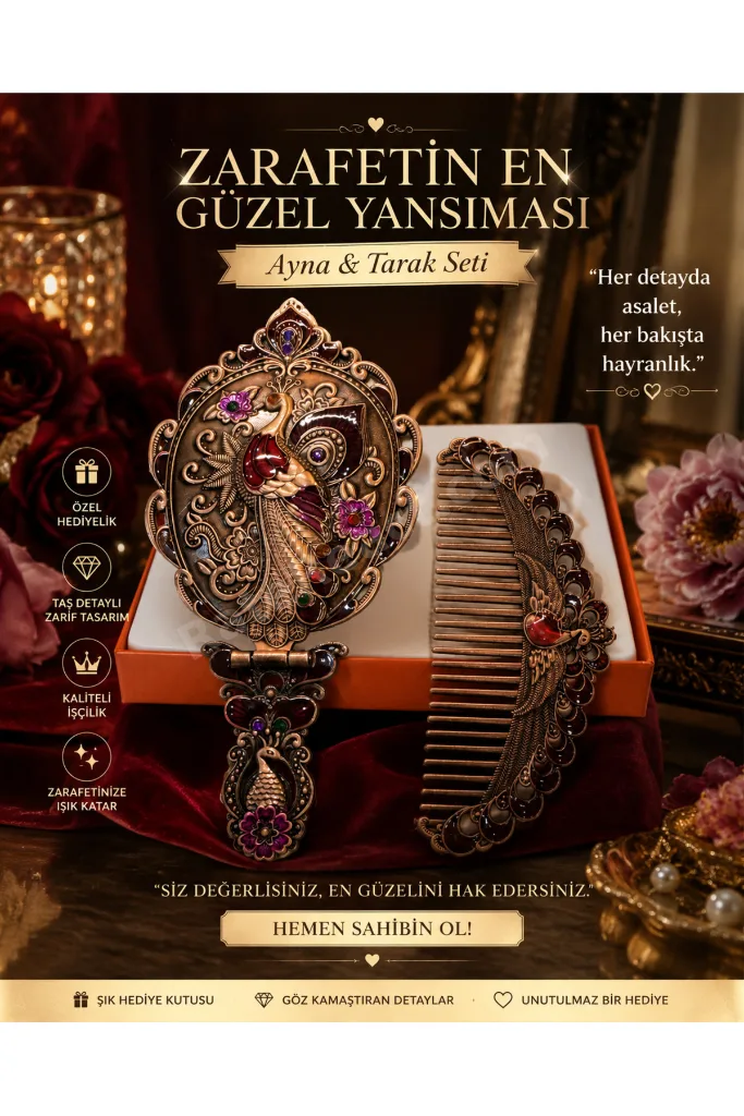 Vintage Tavus Kuşu Desenli Ayna & Tarak Seti – Dekoratif Hediyelik Kadın Bakım Seti