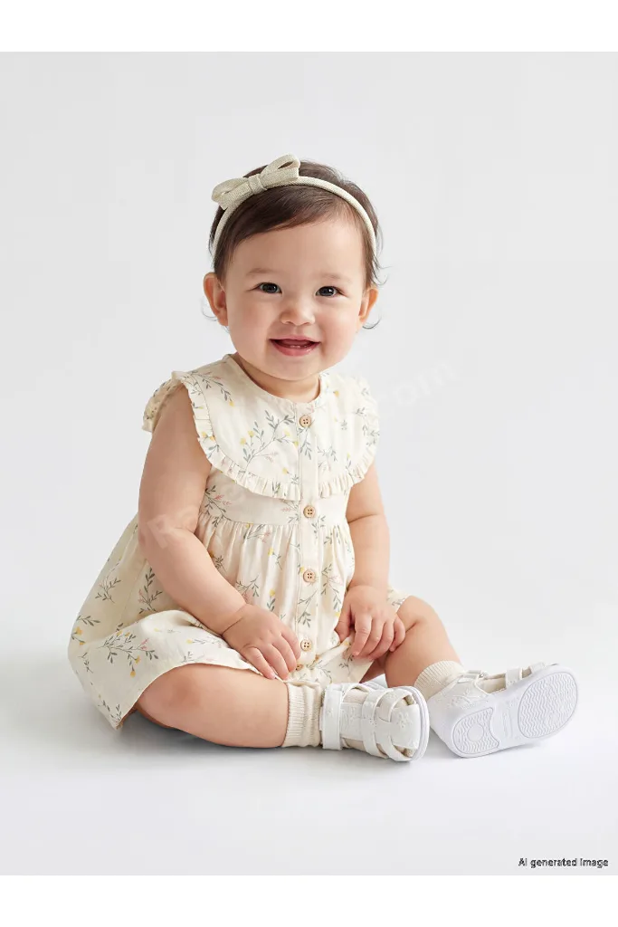 LCW baby Ekru Bisiklet Yaka Çiçek Desenli Kız Bebek Elbise