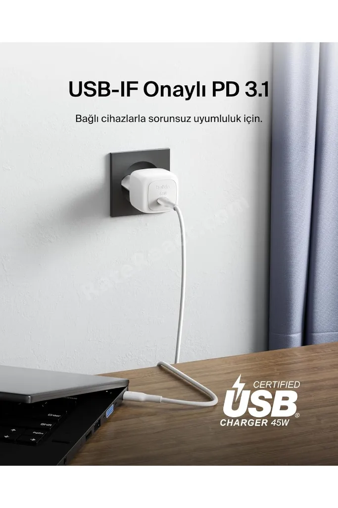 Kompakt 45 W USB-C Güç İletimli Hızlı Şarj Aleti, Beyaz