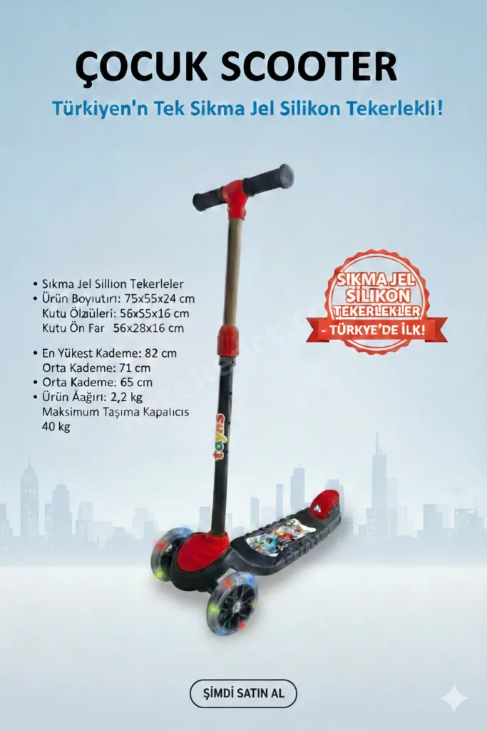 Toys Işıklı Silikon Jel Tekerlekli Ayarlanabilir Yükseklik Fonksiyonlu Çocuk Scooter