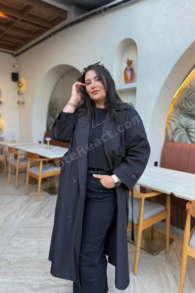 Kadın Oversize Kemerli Astarlı Trençkot-Büyük Beden Trençkot- Siyah- Geniş Beden aralığı