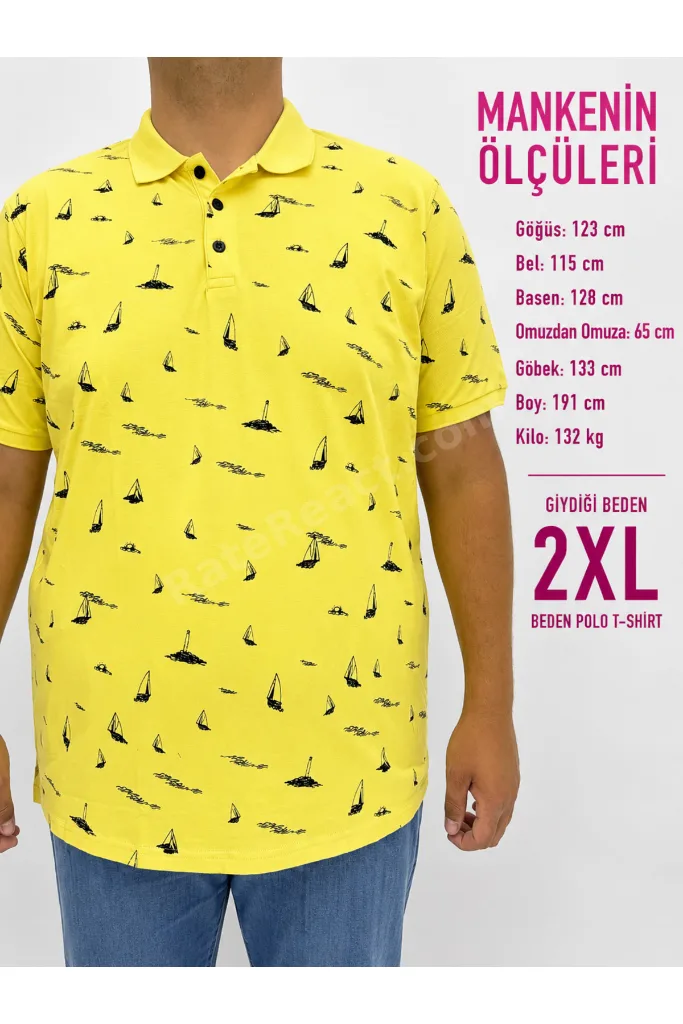 Büyük Beden Polo Yaka Düğmeli Yelken Figür Baskılı Erkek Tshirt