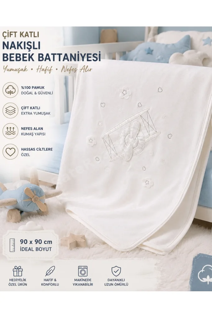 Uçaklı Penye Kız / Erkek Bebek Unisex Battaniye Ekru
