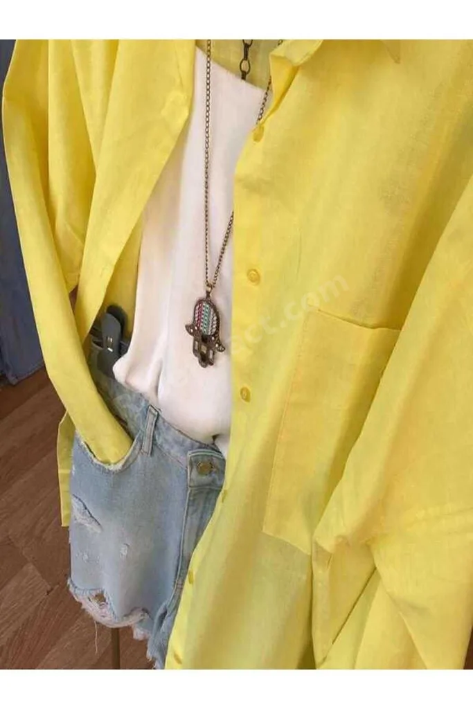 Kadın Oversize Keten Gömlek Yeni Sezon Yazlık Keten Gömlek SARI