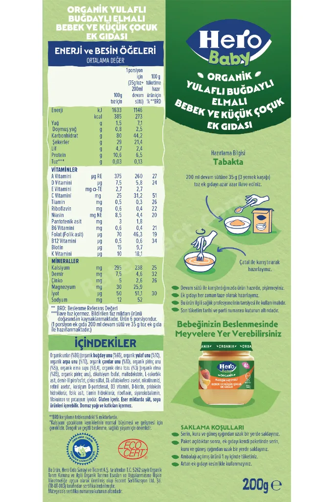 Organik Buğdaylı Yulaflı Elmalı 200g x6