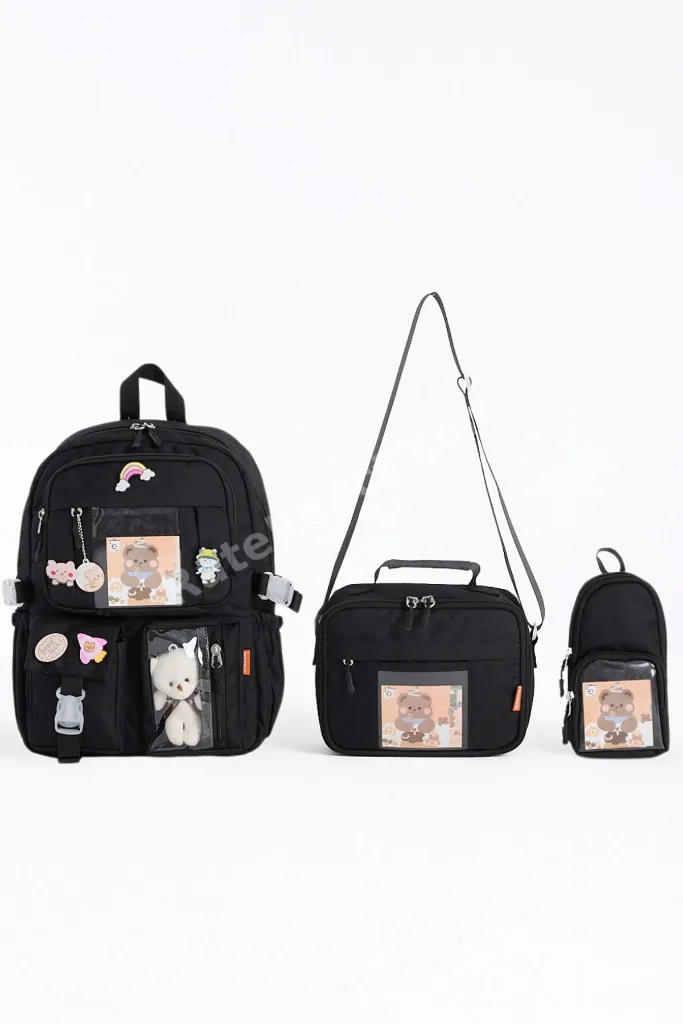 Kawaii Kore Tarzı Aksesuarlı 3'lü Set Çocuk İlkokul Çantası Kalemlikli Beslenme Çantalı Sırt Çantası