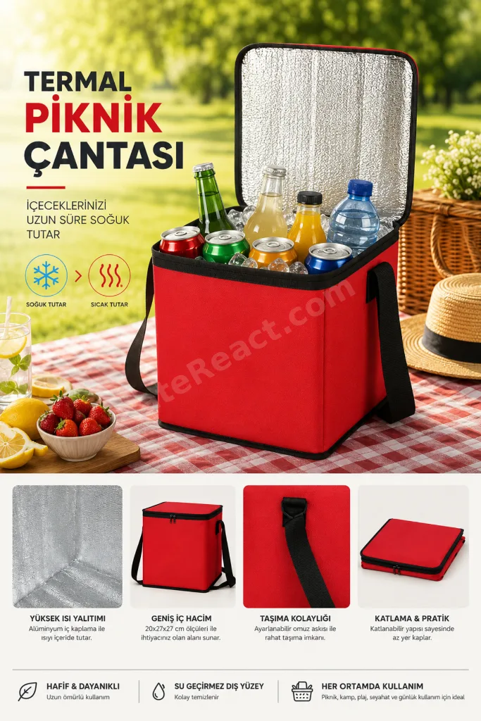 Termal Yalıtımlı Sıcak ve Soğuk Korumalı Kamp ve Piknik Termos Çanta 20x27x27