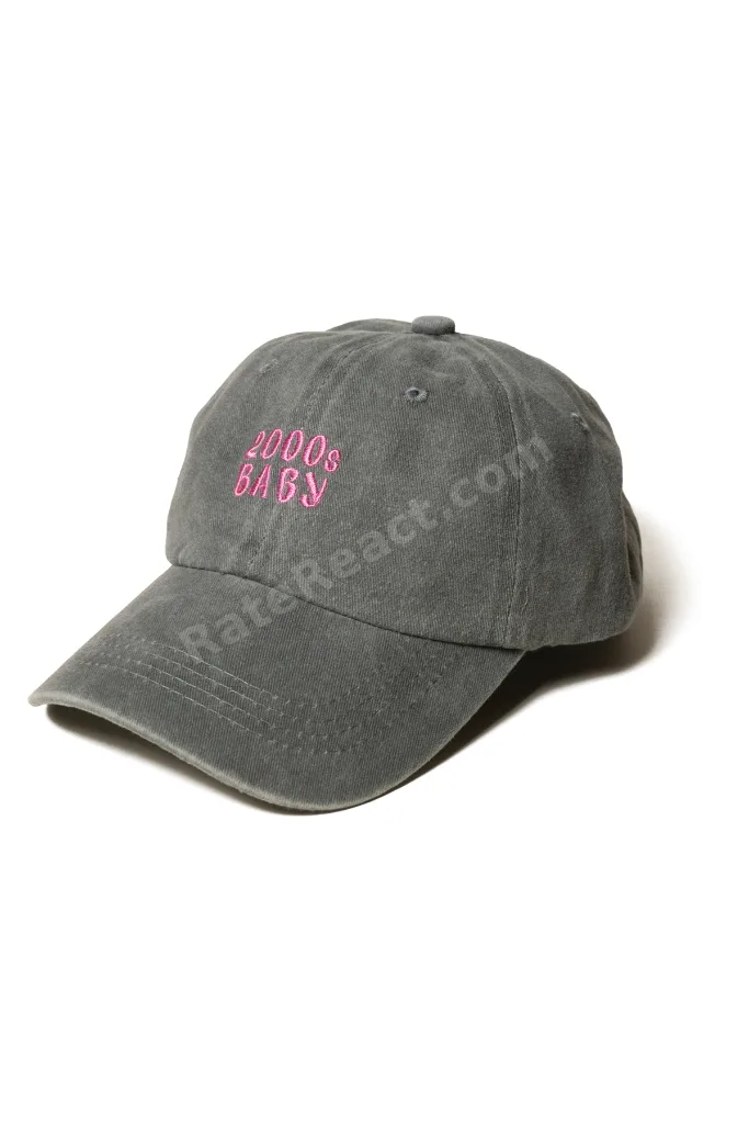 Nakışlı Açık Gri Şapka Y2K Streetwear Şapka Yıkamalı Kumaşlı ve Pembe Yazı Nakışlı Pamuklu Şapka