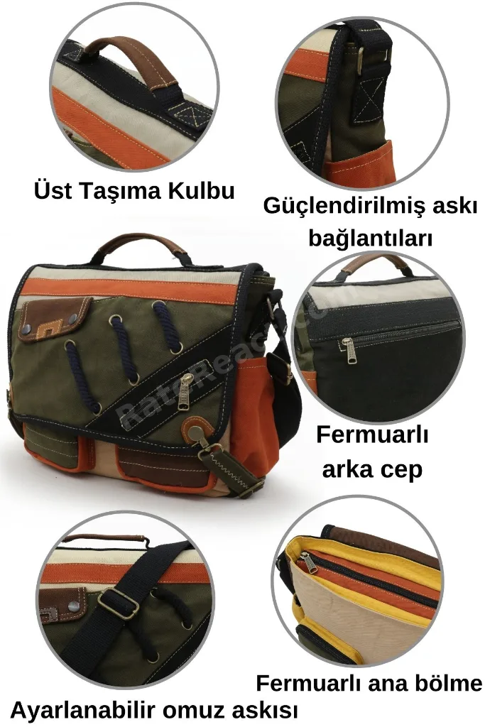 4017 Haki Krem 14" Laptop Pamuk Gabardin Postacı Okul Çantası Unisex Kilitli Çok Cepli Omuz Askılı