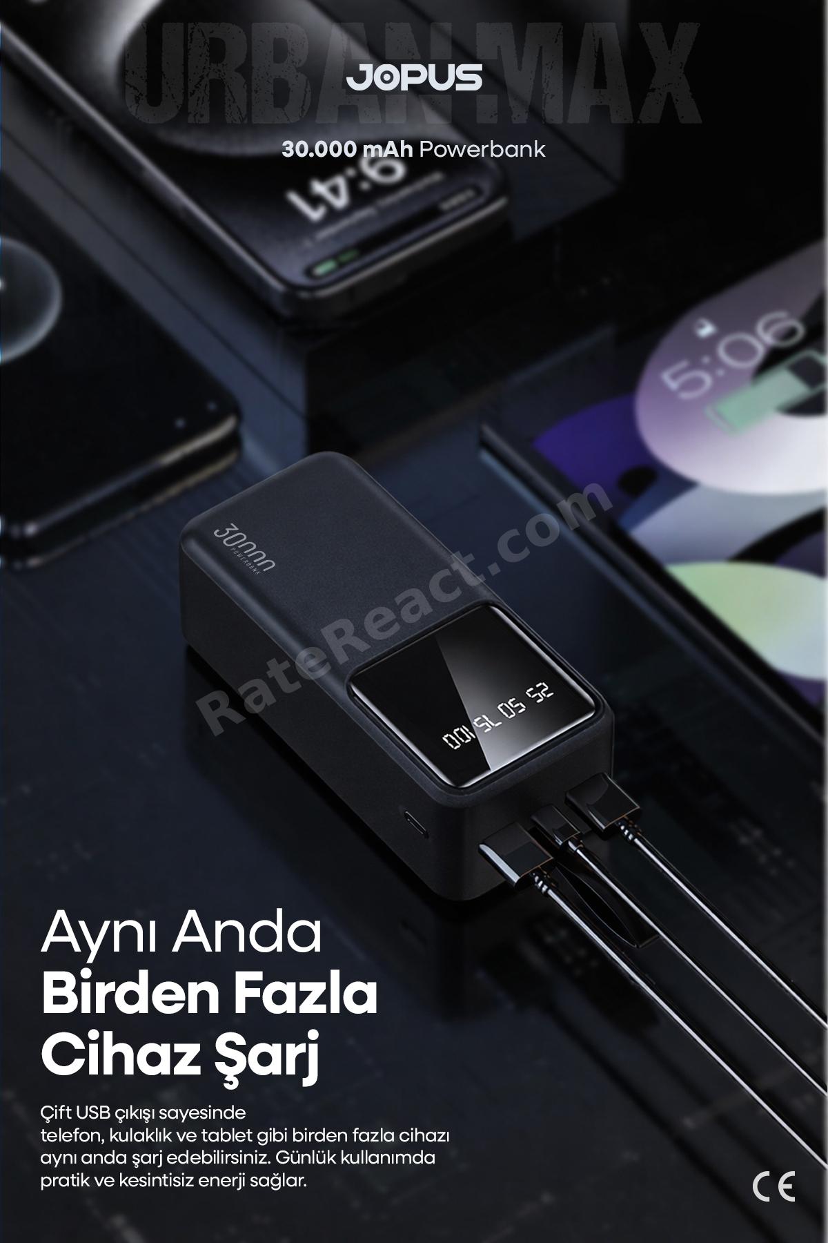 30000mAh Powerbank LCD Ekranlı Taşıma Askılı Güçlü Taşınabilir Şarj Cihazı Siyah JP-P12