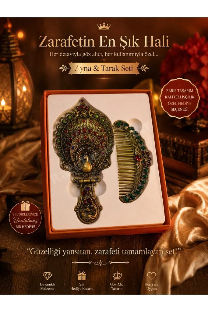 Vintage Tavus Kuşu Desenli Ayna & Tarak Seti – Dekoratif Hediyelik Kadın Bakım Seti