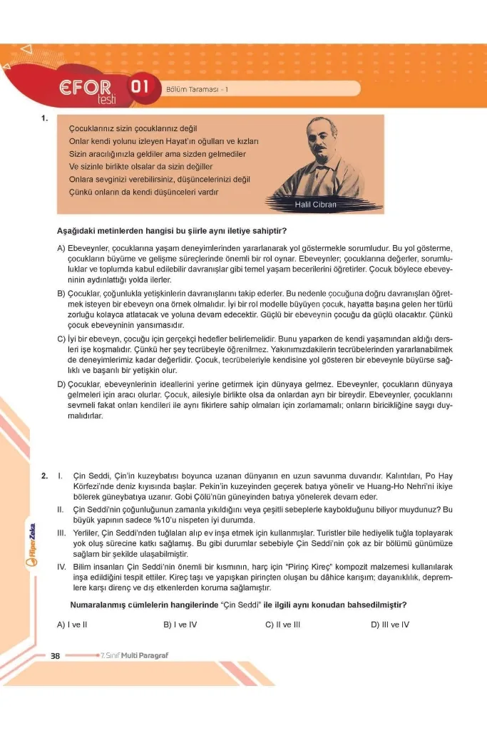 2026 7. Sınıf Multi Paragraf Soru Bankası