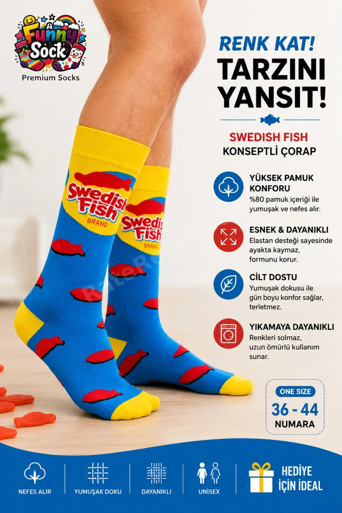SWEDISH FISH DESENLİ EĞLENCELİ PREMIUM ÇORAP