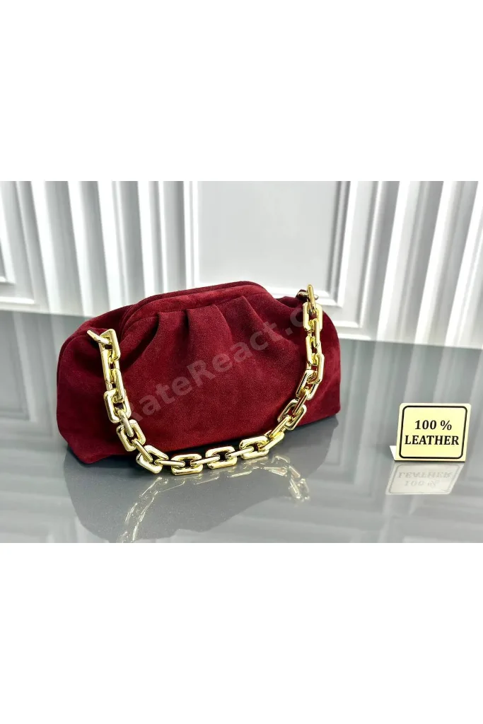 MesBag Kadın Çanta Hakiki Süet Çanta Clutch Zincir Askılı