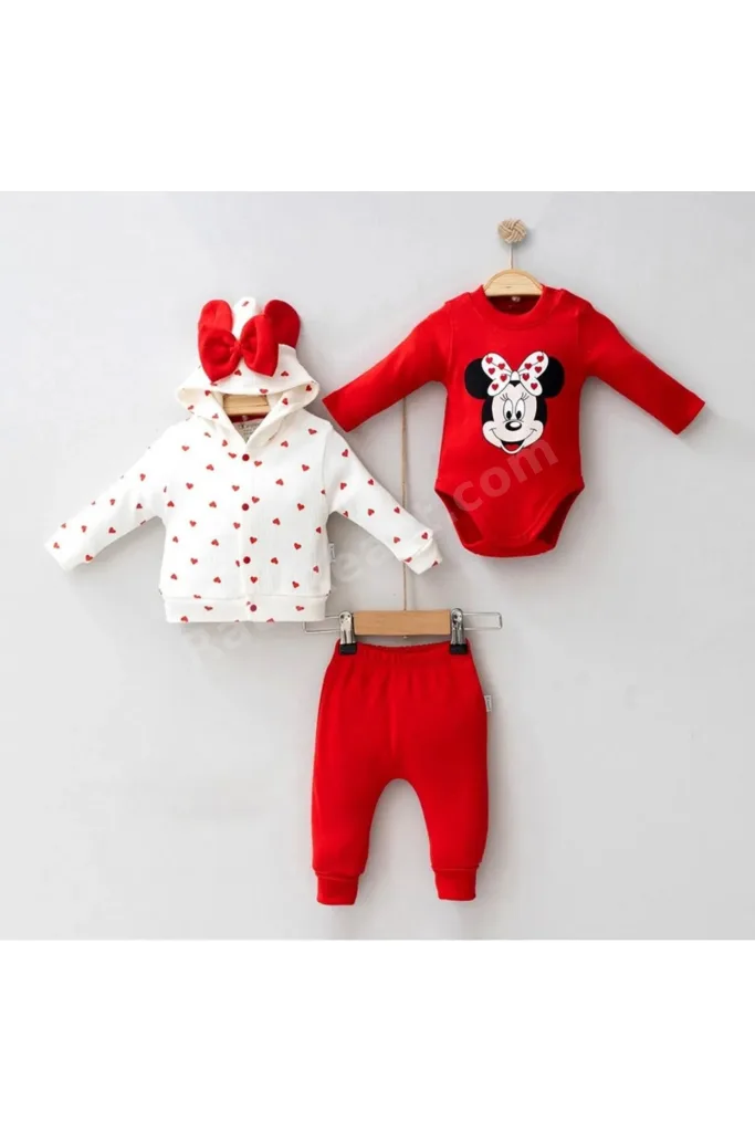 Hırkalı 3'lü Micky Kalpli Kız Bebek Takımı