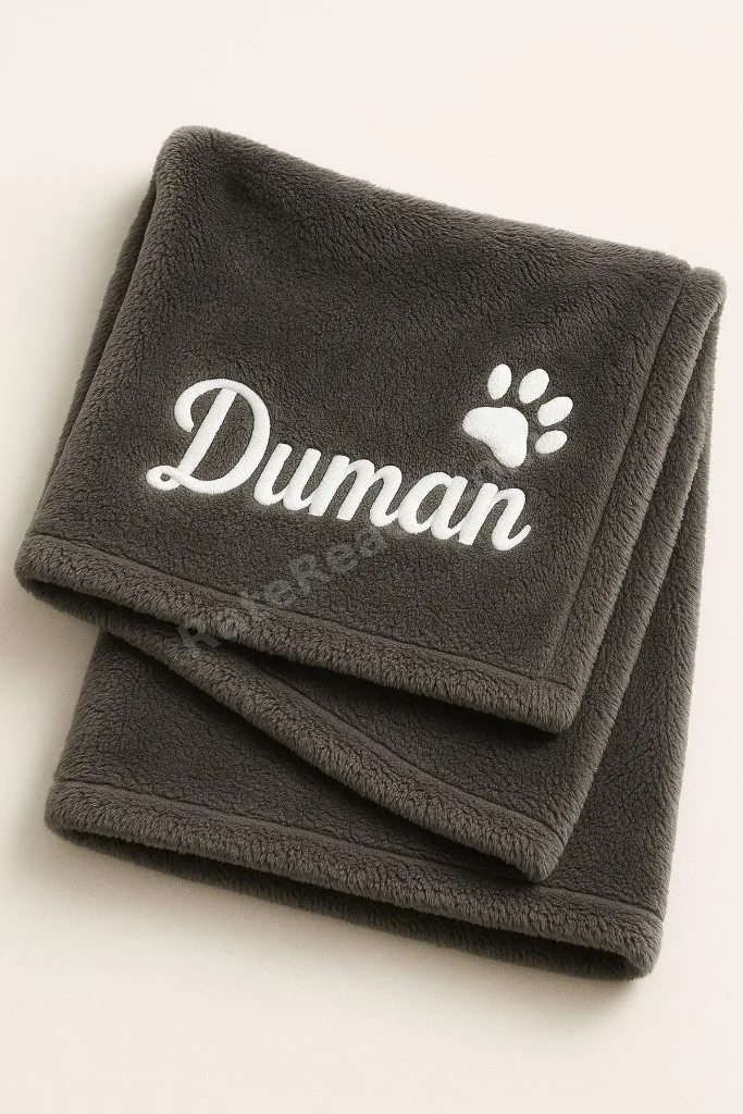 İsimli Kişiye İsme Özel Nakış İşlemeli Antrasit Gri Kedi Köpek Battaniyesi Yıkanabilir Premium Peluş