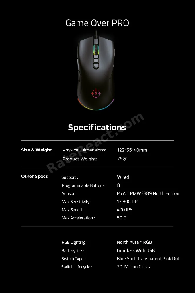 Game Over PRO 12.800 DPI 400 IPS 50G PMW3389 Makrolu Gaming Oyuncu Mouse