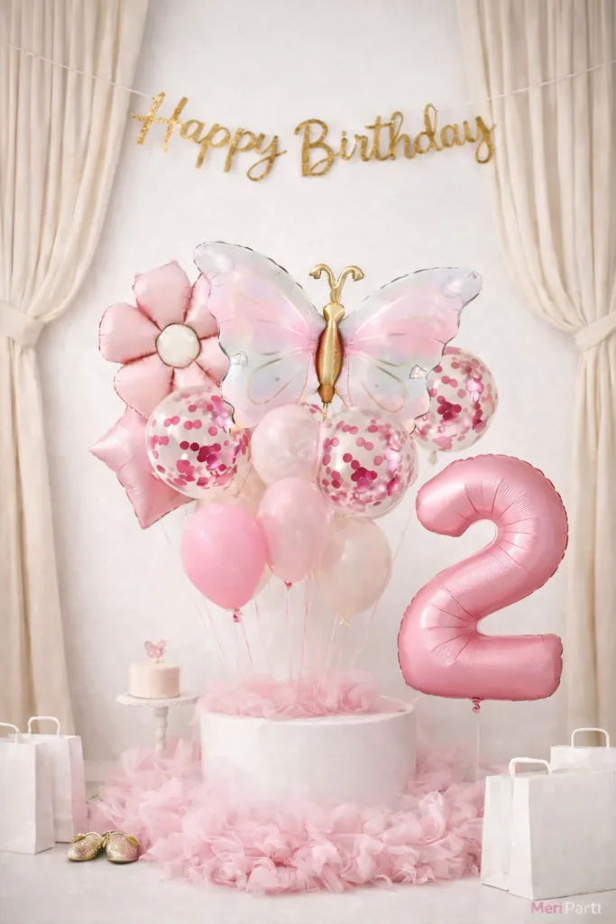 Kelebek Konsept Doğum Günü Balon Seti – Pudra Pembe Gold Happy Birthday Bannerlı Folyo Rakam Balon