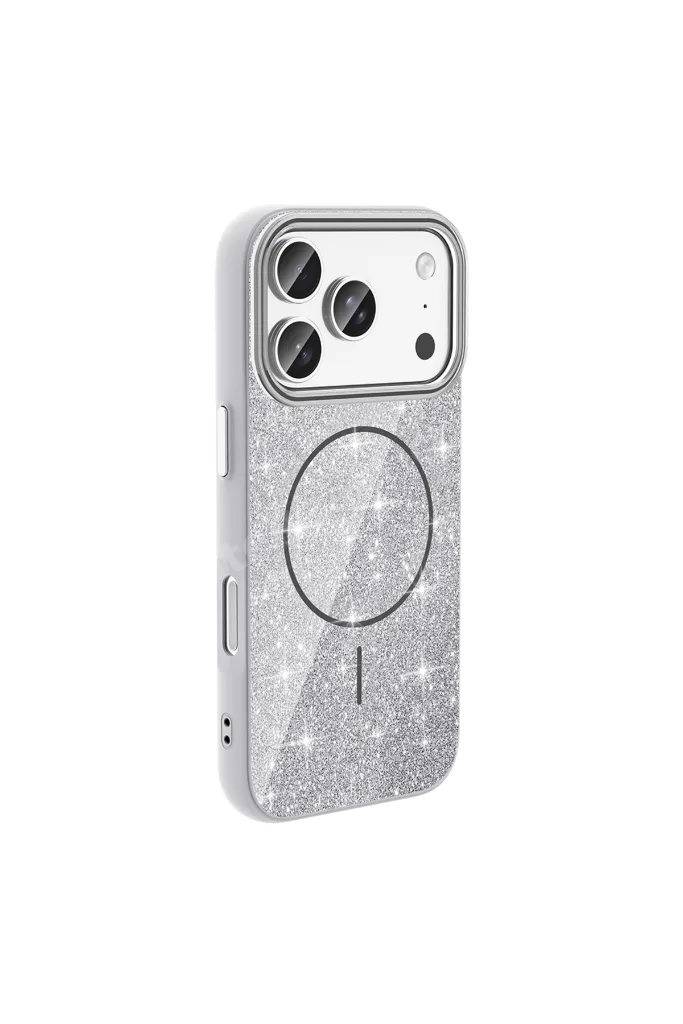 iPhone 17 Pro Max uyumlu Kılıf Magsafe Şarj Özellikli Parlayan Simli Okso Kapak T39588 - Pembe