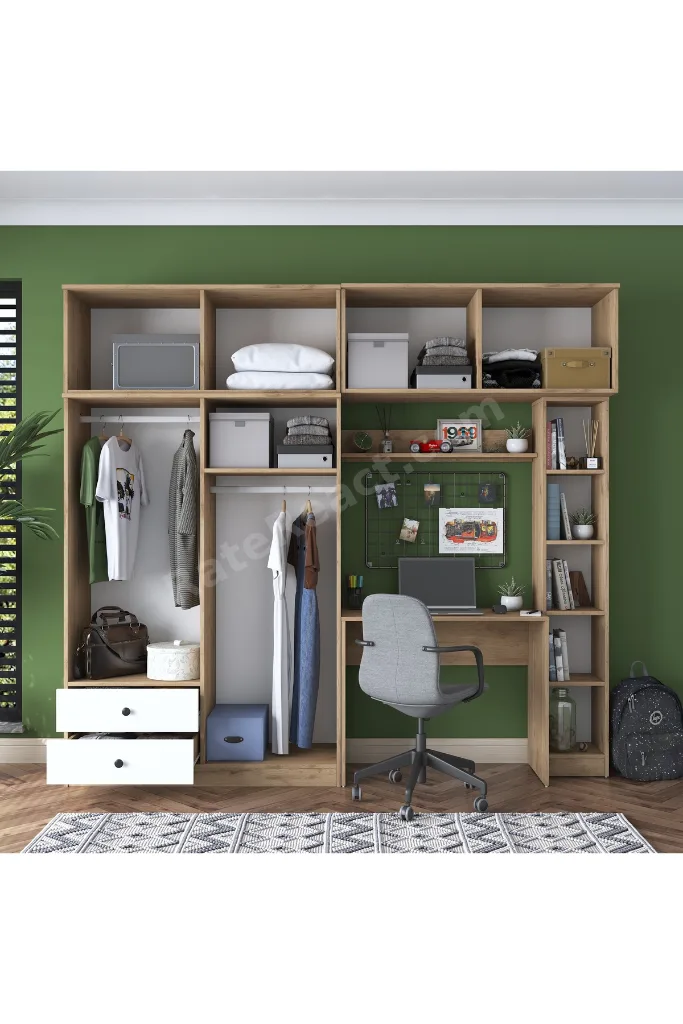 Rani Ba122 Geniş Gardırop Elbise Dolabı + Çalışma Masası + Kitaplık Sepet Ceviz - Beyaz 216 X 240 Cm