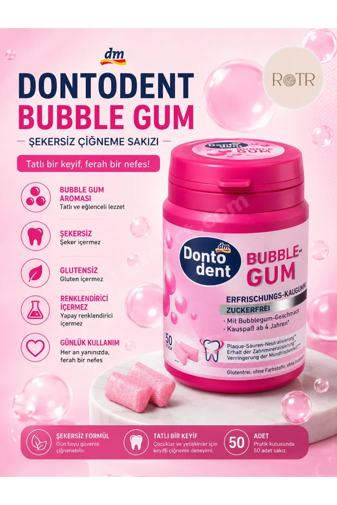 Bubble Gum Şekersiz Çiğneme Sakızı Bubble Gum Aromalı 50 Adet