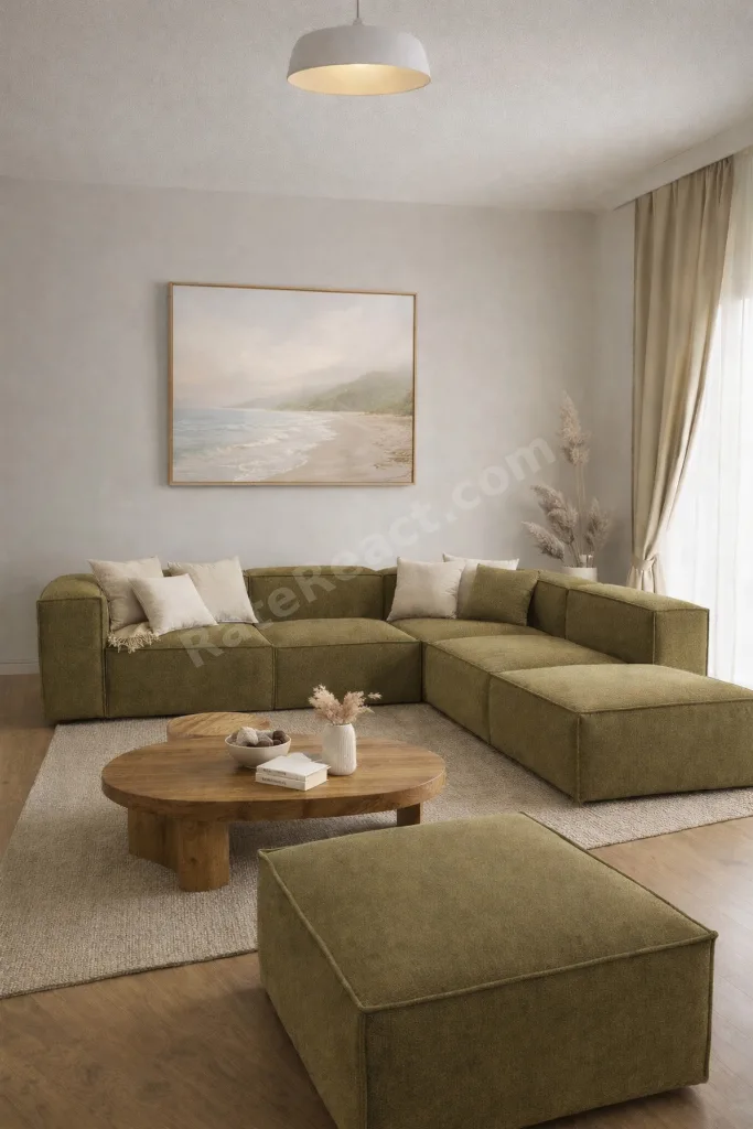 Relax Soft 6 Modül Köşe Takımı (Yağ Yeşili) Keten 68, (2 Köşe, 2 Orta, 2 Puf)