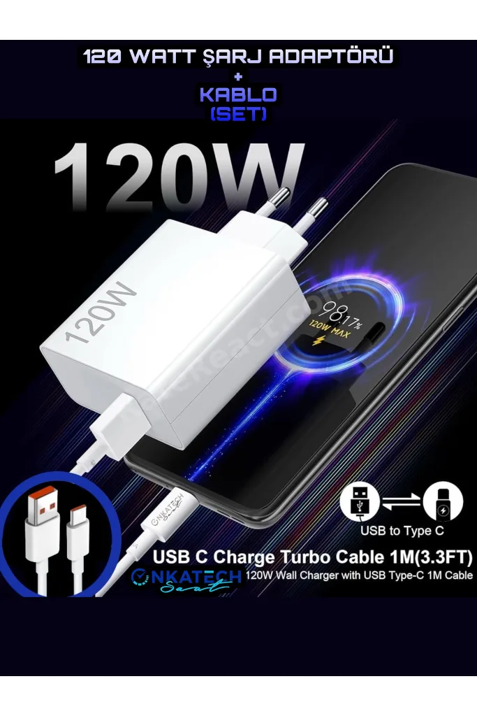 İntermax Type-c 120w (WATT) Hızlı Şarj Aleti Adaptörü Kablo (SET)