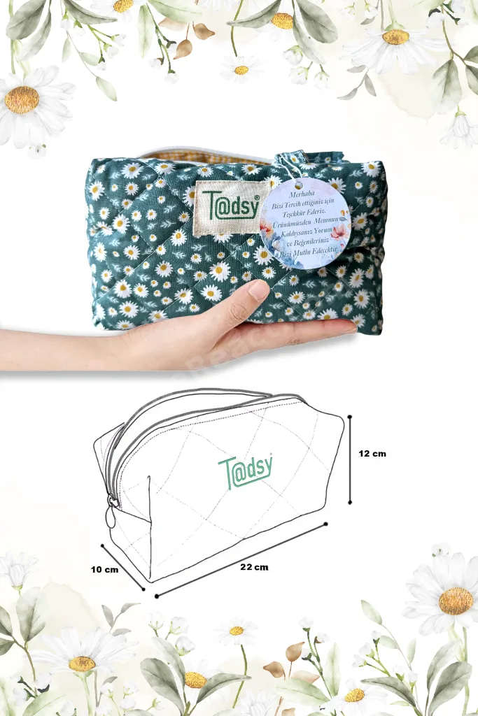 Papatya Desenli %100 Pamuk Makyaj ve Kozmetik Çantası | 22x12x10 cm | Seyahat Organizer