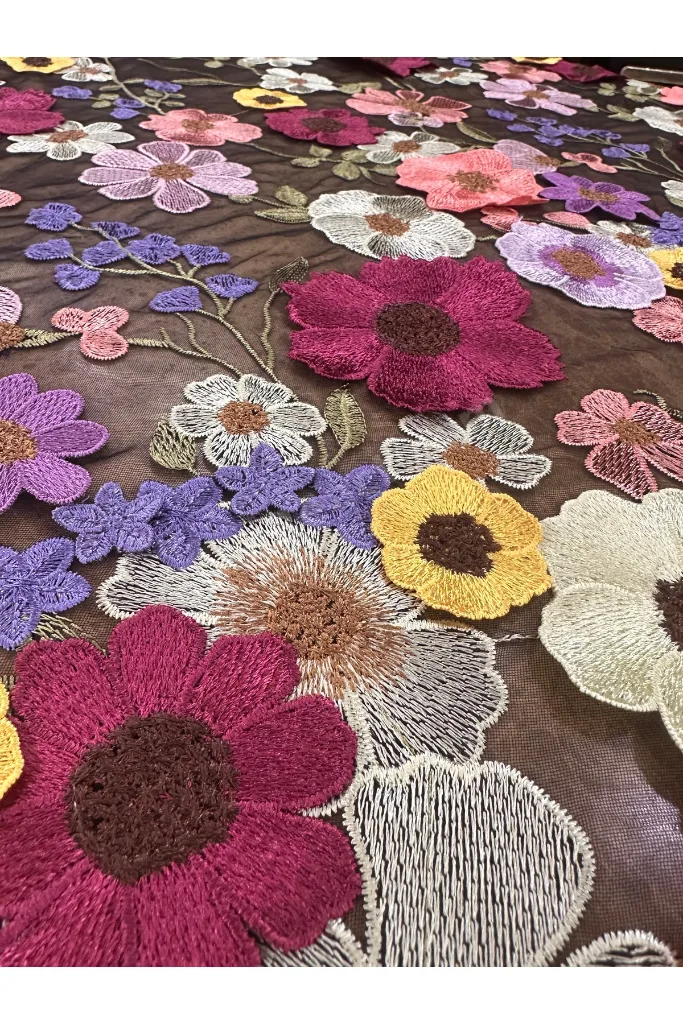 Renkli Çiçek Nakışlı Tül Kumaş | 3D Efektli Desen | Özel Tasarım ve Abiye İçin | 1 Metre