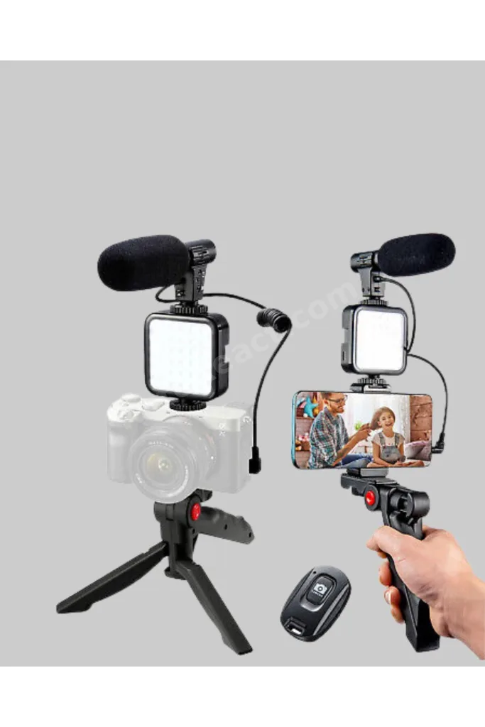 Telefon Video Çekim Kiti LED Aydınlatma Mikrofon Tripodlu Tam Set