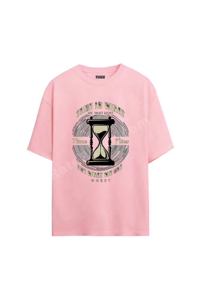 Time Flies Baskılı PREMİUM Bisiklet Yaka %100 Pamuk kısa kollu Oversize Tshirt E-015